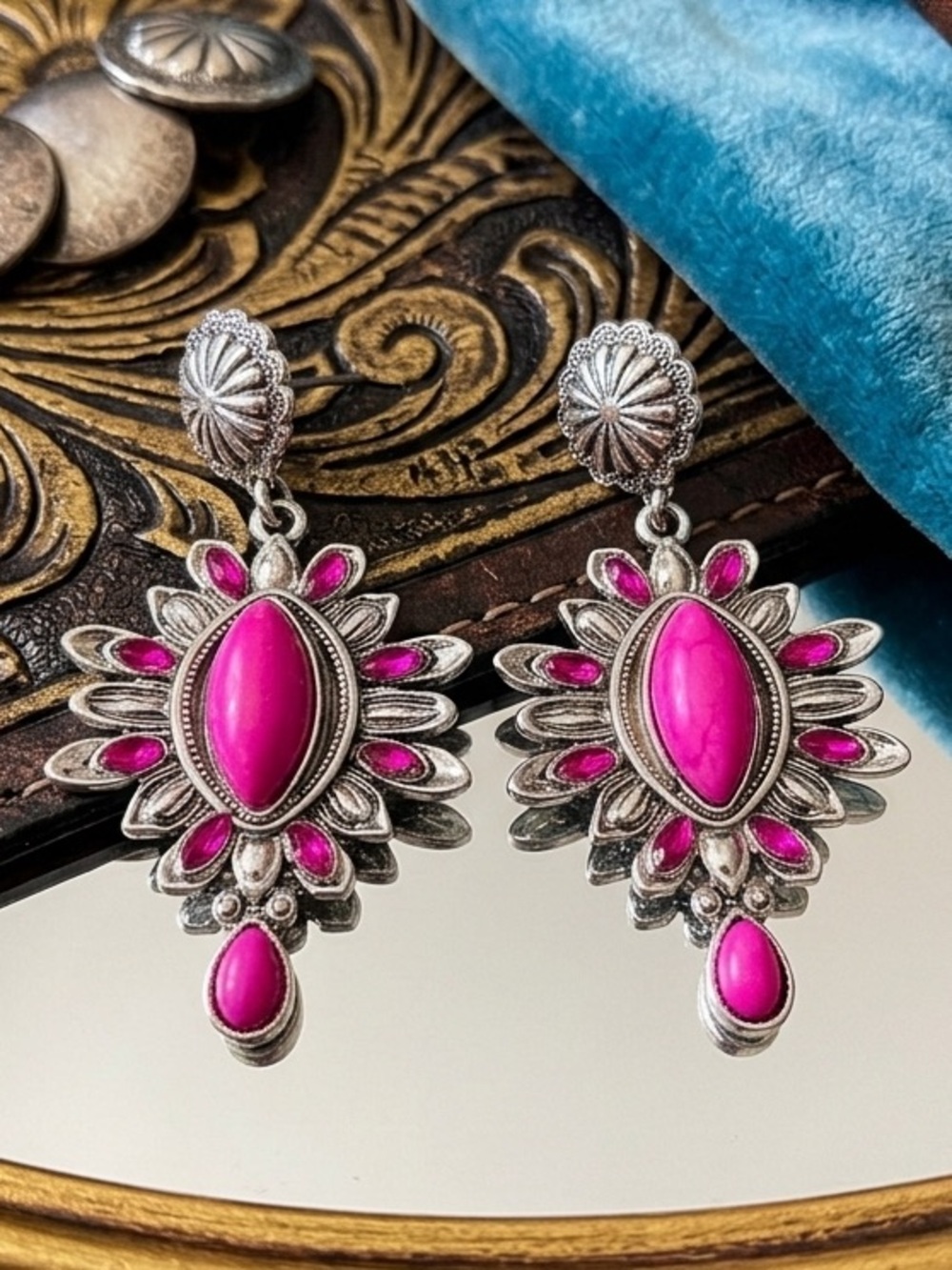 Hot Pink Turquoise Southwestern Dangle Earrings Western Chic Glam Cowgirl Rodeo